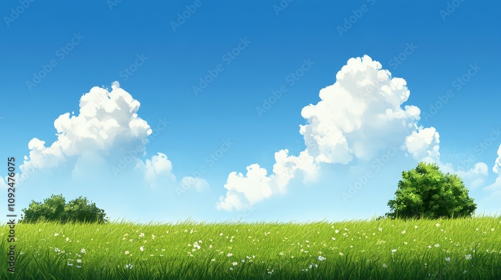 Fototapeta premium Sunny Meadow Landscape, Green Grass, White Flowers, Blue Sky