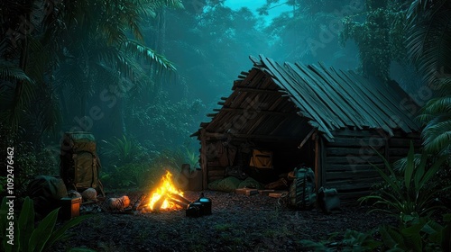 Campfire beside a rustic wooden shelter in a dark, dense jungle environment. photo