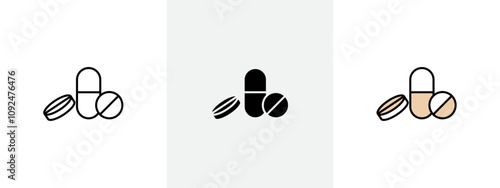 Pain killer pills icon Outline sign symbol set