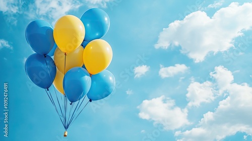 A vibrant group of blue and yellow balloons buoyantly floats against a bright blue sky with fluffy white clouds. photo