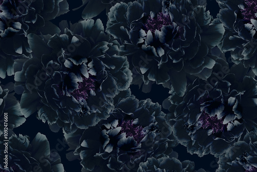 Peony flower. Dark background. Floral seamless pattern.