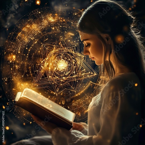 a woman reading a book that generates golden light with sacred geomatry generative ai photo