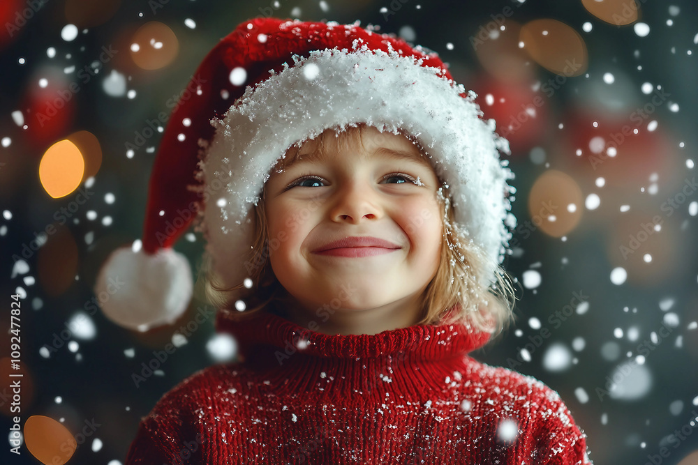 Generative AI image of a smiling girl in a red hat and sweater, celebrating the New Year at school with classmates in festive attire Generative AI image of a smiling girl in a red hat and sweater, celebrating the New Year at school with classmates in festive attire
