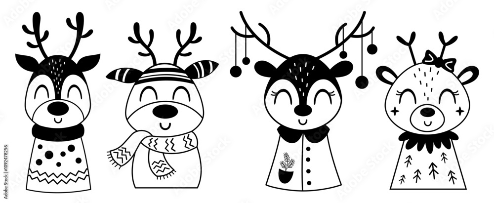 Obraz premium Christmas reindeer clipart set. Black and white xmas deer doodle. Cute winter animal, Cartoon festive character. Holiday vector illustrations