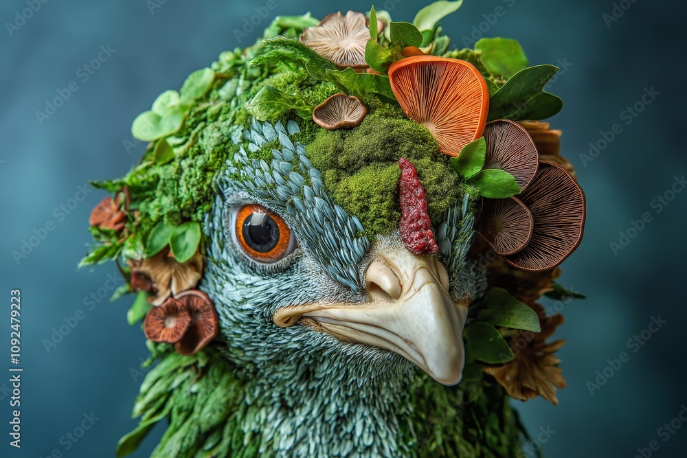custom made wallpaper toronto digitalArtistic Bird Portrait Adorned with a Mushroom Hat, Showcasing Whimsy, Nature’s Beauty, and Surreal Creativity, Generative AI
