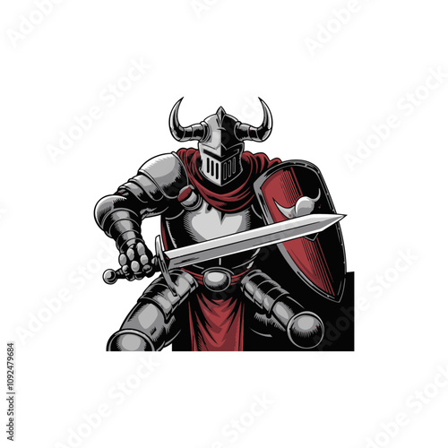 Armored Knight : Defender of the Realm, Stylized Medieval Warrior Silhouette with Horned Helme
