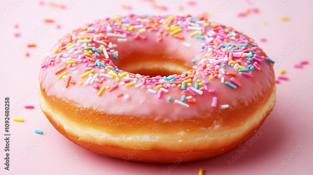 Pink Glazed Donut with Colorful Sprinkles on a Pink Background Pink Glazed Donut with Colorful Sprinkles on a Pink Background