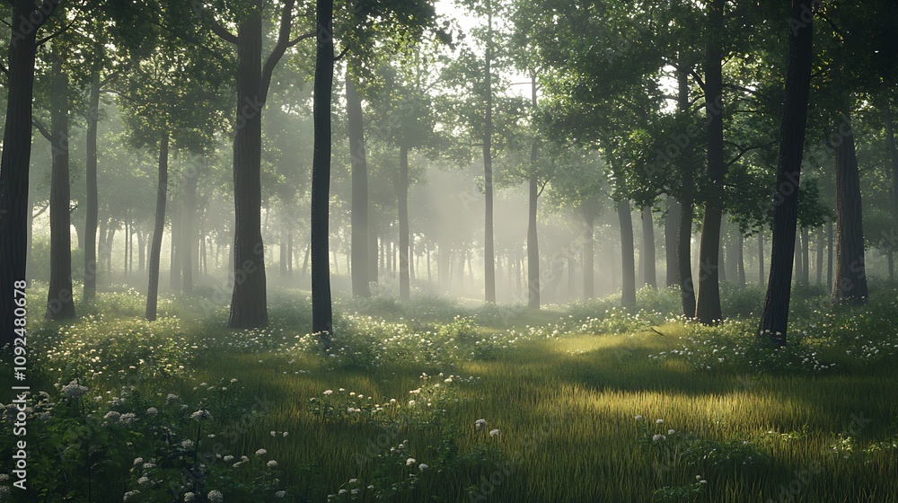 Fototapeta premium Sunbeams Piercing Through a Misty Forest Clearing