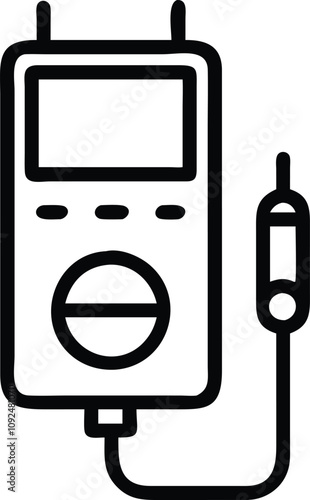 Minimalist Digital Multimeter Line Icon, Black-and-white line art of a digital multimeter with a probe, ideal for electronics, diagnostics, and electrical testing themes.  
