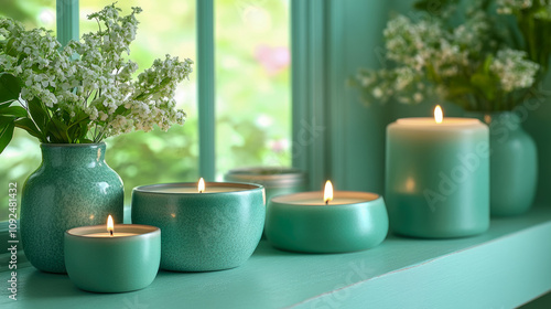 Soft light from burning candles alongside delicate flowers creates a serene ambiance in a calming, green-toned room filled with natural light