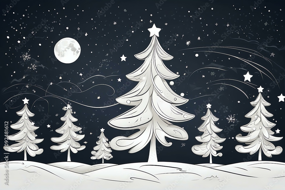 Merry Christmas! Enjoy these adorable cartoon-style Christmas trees with stars and moon, featuring clean, dark outlines on a white background. Perfect for festive decorations or art projects.