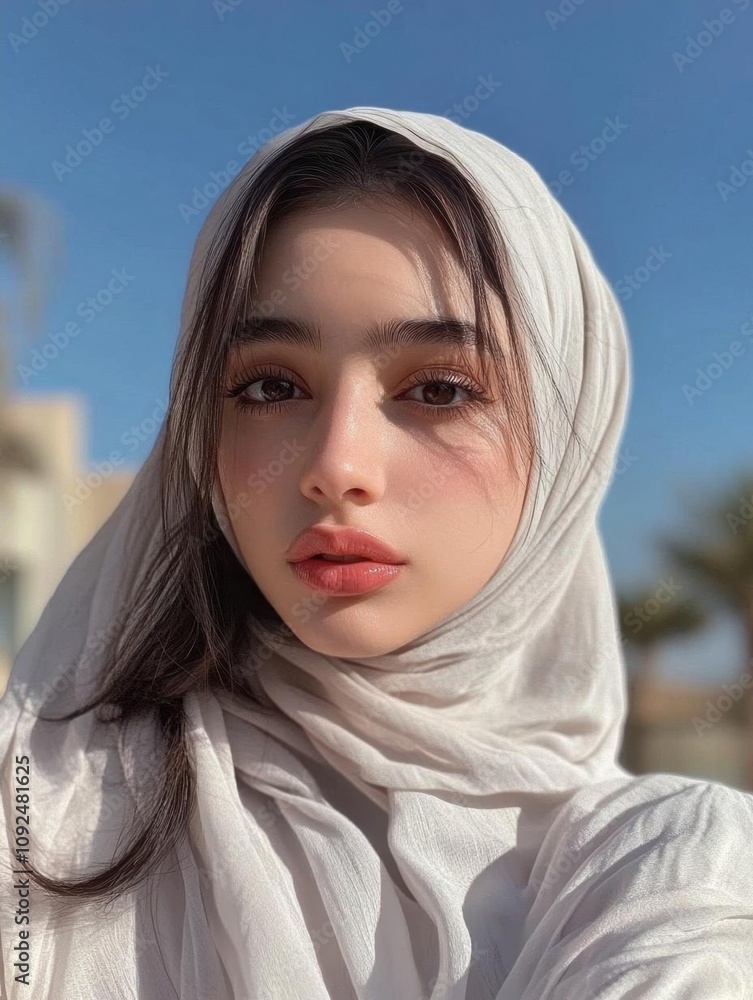 A young woman in a white hijab poses against a blue sky background. A young woman in a white hijab poses against a blue sky background.