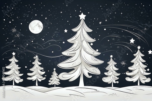Merry Christmas! Enjoy these adorable cartoon-style Christmas trees with stars and moon, featuring clean, dark outlines on a white background. Perfect for festive decorations or art projects.