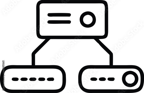 Minimalist Server Connection Diagram Icon, Black-and-white line art of a server connecting to two devices, ideal for IT, networking, and technology-related visuals.  
