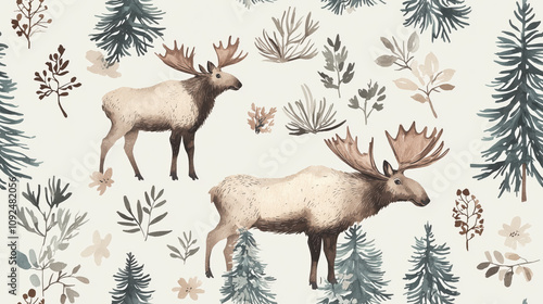 Two moose are walking through a forest with trees and bushes