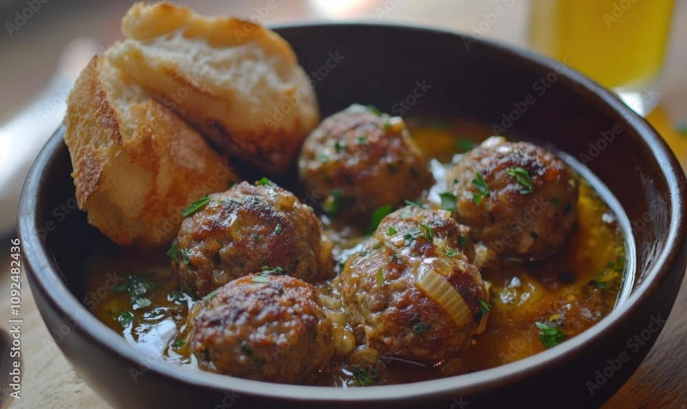 A bowl of meatballs in sauce with a piece of bread on the side. A bowl of meatballs in sauce with a piece of bread on the side.