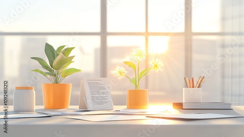 Overworked office desk, papers scattered with glowing signs of recovery like blooming plants and sunlight rays, 3D illustration