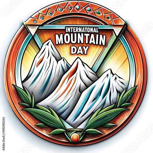 Snow-capped mountains in decorative emblem design photo