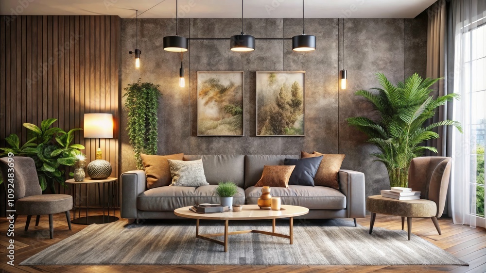 Fototapeta premium Modern Living Room Mockup with Textured Wall Background, Cozy Decor, and High Depth of Field for Interior Design Inspiration