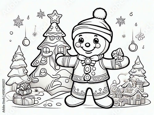 Obraz na płótnie Coloring page: B&W outline art of a festive gingerbread man in a clean, cartoon style. Perfect for kids coloring books. In stock. w salonie