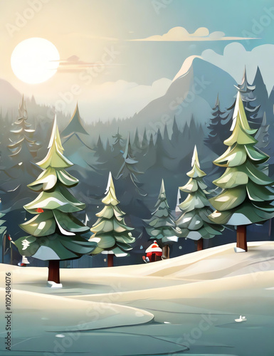 Obraz na płótnie Adorable Christmas tree forest in a simple, cartoon-style illustration. Perfect for festive decorations and holiday cheer. w salonie