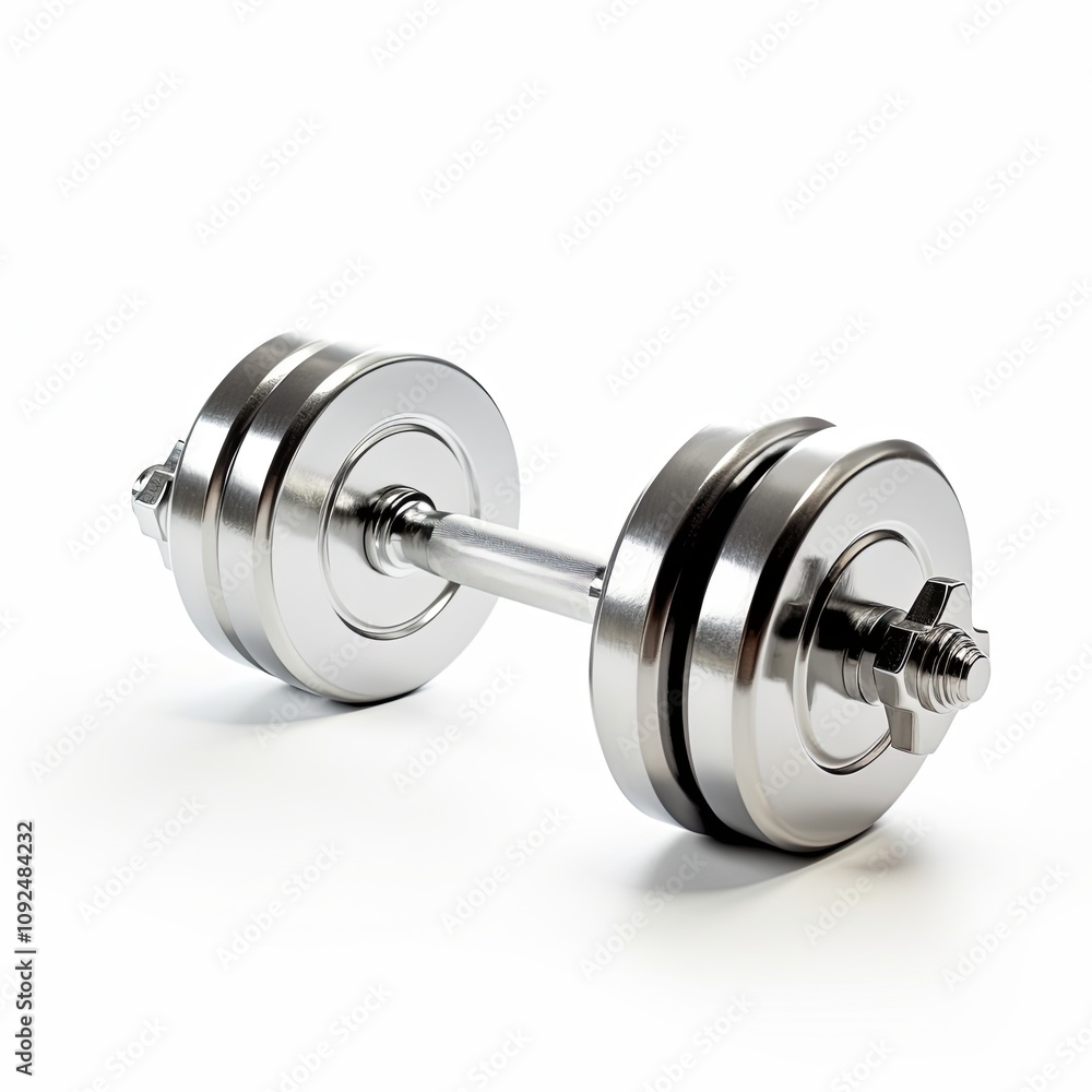 A polished chrome dumbbell with adjustable weights, displayed on a white background, ideal for strength training and fitness. A polished chrome dumbbell with adjustable weights, displayed on a white background, ideal for strength training and fitness.
