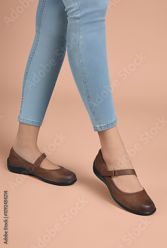 Close-up of a young woman modeling casual brown Mary Jane-style flats with a comfortable strap detail and black soles, paired with light-wash skinny jeans, warm beige background, casual fashion trends