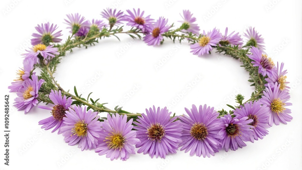 Fototapeta premium Purple alpine aster flowers in a delicate floral wreath or garland used for decoration or gift-giving, alpine aster flowers, wedding flowers, purple alpine aster