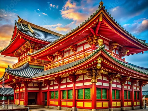 Exquisite Architectural Photography of Traditional Japanese Shippou Geometric Pattern in Rich Gold and Red Tones Showcasing Opulence and Cultural Heritage in Modern Design photo