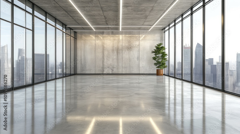 Modern and Spacious Empty Office Interior with Floor-to-Ceiling Windows Offering City View and Minimalist Concrete Design in Bright Natural Light Modern and Spacious Empty Office Interior with Floor-to-Ceiling Windows Offering City View and Minimalist Concrete Design in Bright Natural Light