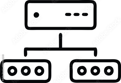 Minimalist Server Network Diagram Icon, Black-and-white line art of a simple server network diagram with two connected nodes, perfect for IT and technology illustrations.  
