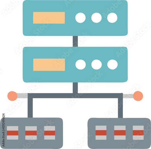 Server Network Diagram Illustration, Colorful illustration of a server network with connected nodes, ideal for IT, data management, and technology-related visuals.  
