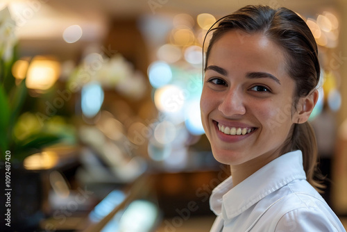 Generative AI Image of Smiling Female Receptionist at Hotel Lobby Desk Free Download Generative AI Image of Smiling Female Receptionist at Hotel Lobby Desk - GFXLoad