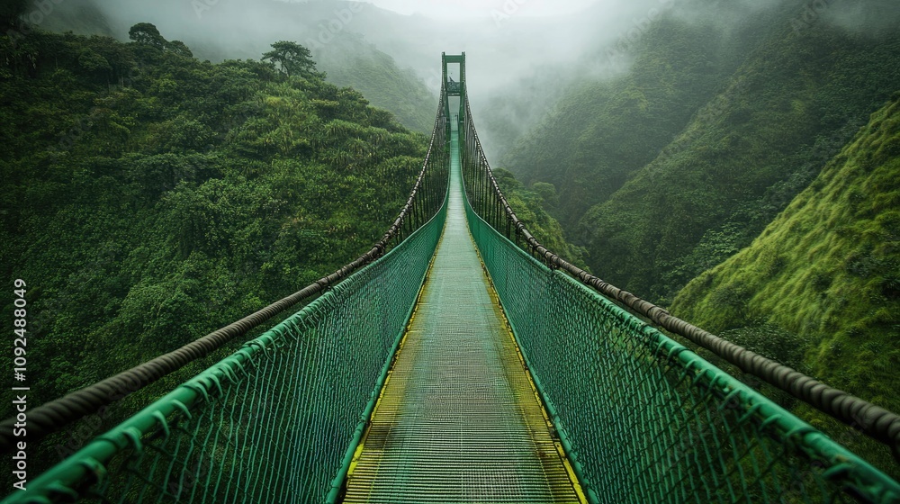 Obraz premium Serene Suspension Bridge Surrounded by Lush Green Mountains Under a Misty Sky in Nature's Tranquil Setting, Evoking Adventure and Exploration