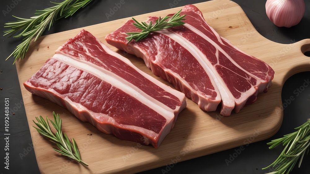 Fototapeta premium Two raw beef steaks on wooden board with rosemary and garlic.