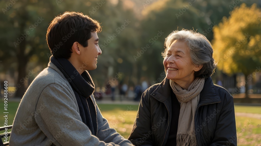 Fototapeta premium Young man and senior woman conversing on a park bench during autumn.