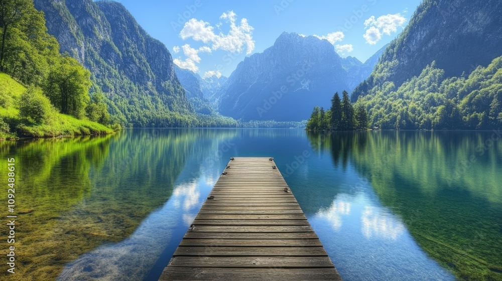 Serene Mountain Lake with Crystal Clear Water and Wooden Pier Under Bright Blue Sky Surrounded by Lush Greenery and Majestic Peaks Serene Mountain Lake with Crystal Clear Water and Wooden Pier Under Bright Blue Sky Surrounded by Lush Greenery and Majestic Peaks
