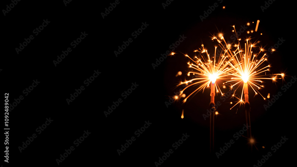 Two brightly burning sparklers on the right against a black background. Perfect for a New Year's festive banner Two brightly burning sparklers on the right against a black background. Perfect for a New Year's festive banner