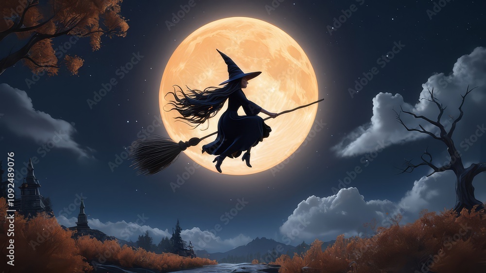 Fototapeta premium A young witch flies on a broomstick in front of a large full moon at night.