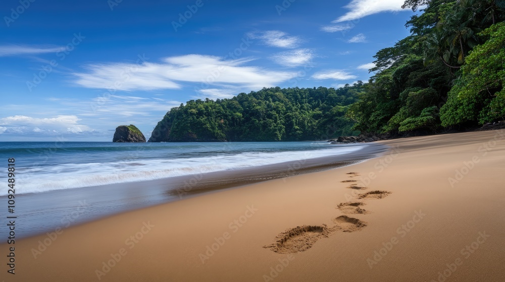 Serene Tropical Beach with Footprints in the Sand and Lush Green Mountains Under a Bright Blue Sky and Gentle Waves Serene Tropical Beach with Footprints in the Sand and Lush Green Mountains Under a Bright Blue Sky and Gentle Waves
