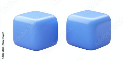 Isolated on a transparent PNG, a collection of blue cubes with a metallic, shiny, and reflective surface, depicting 3D box and square shapes with different angles and textures, akin to a gift box.