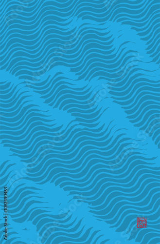 Japanese style wave hand drawn ink brush line pattern, semi abstract ocean ripple illustration in blue, wabi sabi wood carving, woodcut, engraving, weaving background, calm and relax oriental vector 