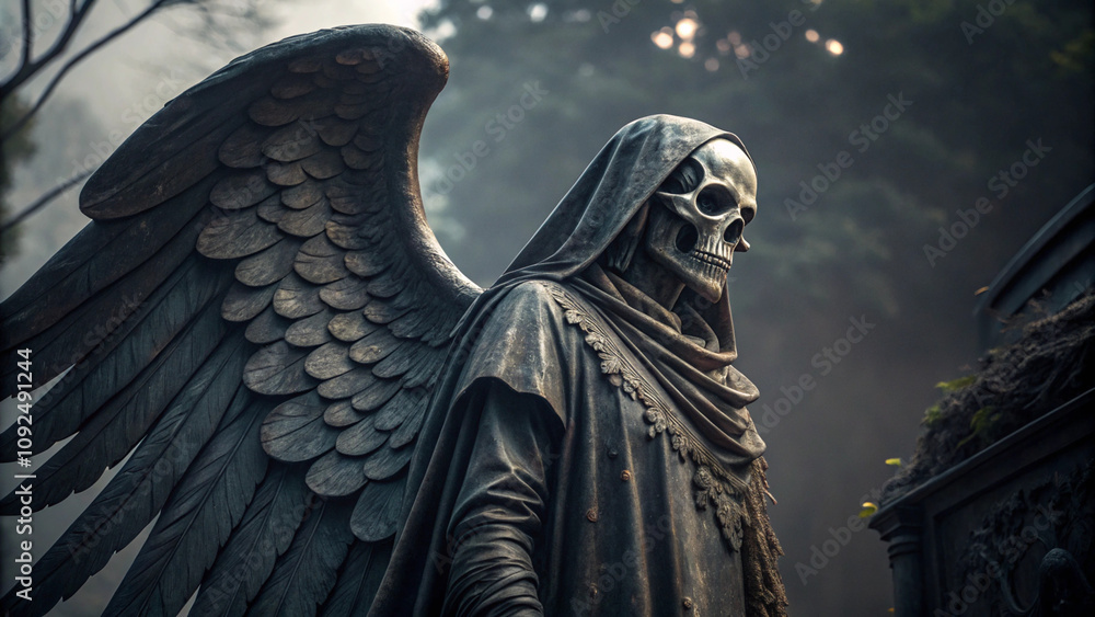 Fototapeta premium iron death angel with skull face. angel of death illustration. made with generative Ai. angel of death, hellfire, skeleton, fantasy character, art illustration