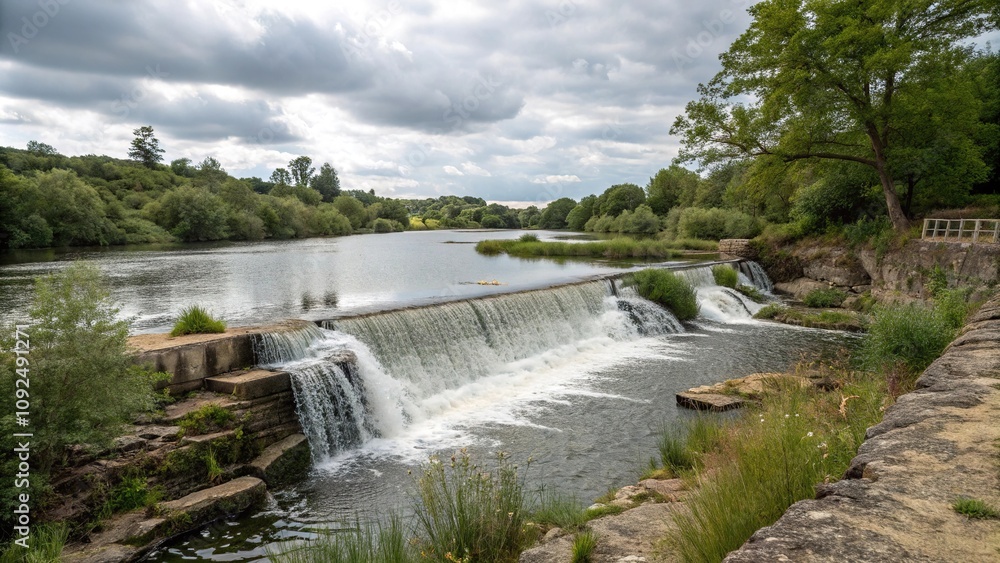 Obraz premium Small dam with a tiny waterfall in the foreground, peaceful landscape, lake