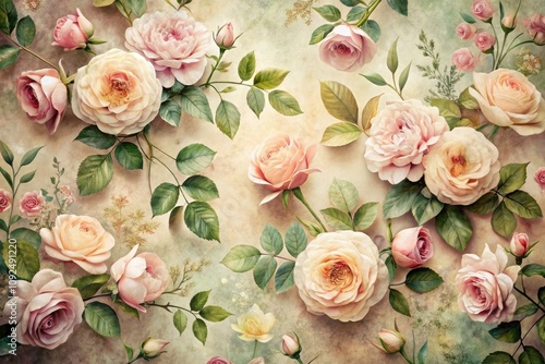 Romantic Vintage Floral Pattern with Soft Pastel Roses and Delicate Leaves on Textured Background for Elegant Decor