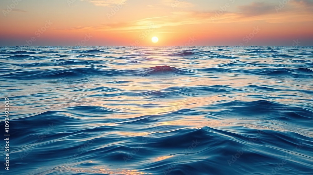 Fototapeta premium Soft blue waves gently rolling on the horizon at sunset, water's edge, natural scenery