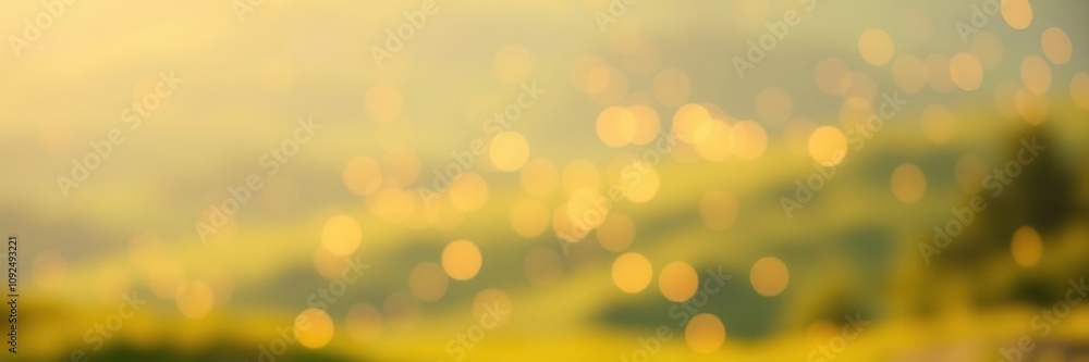 Obraz premium Soft Focus Landscape with Golden Bokeh Lights and Green Hues, nighttime scene, natural scenery, Landscape photography