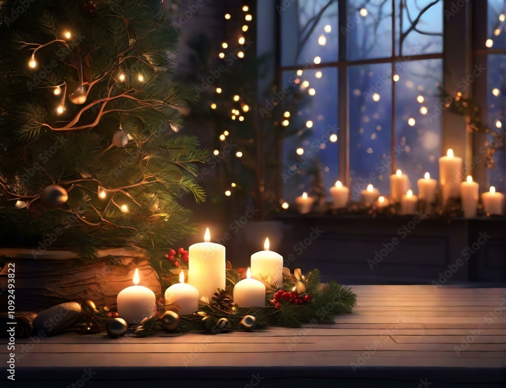 Enchanting Christmas ambiance with realistic branches bathed in candlelight, ideal for intimate holiday vibes.