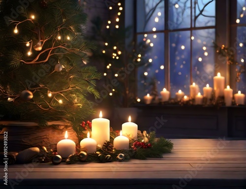Obraz na płótnie Enchanting Christmas ambiance with realistic branches bathed in candlelight, ideal for intimate holiday vibes. w salonie