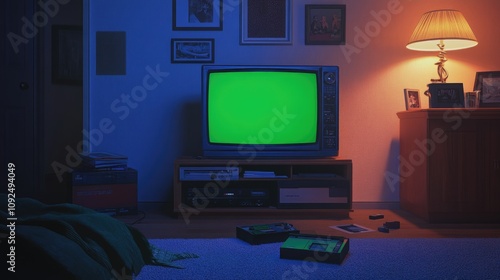 Cozy living room with vintage television set green screen, nostalgic atmosphere. Collection old media scattered on floor. Old retro box tv with mock up, chroma key template. Empty mockup, blank space.